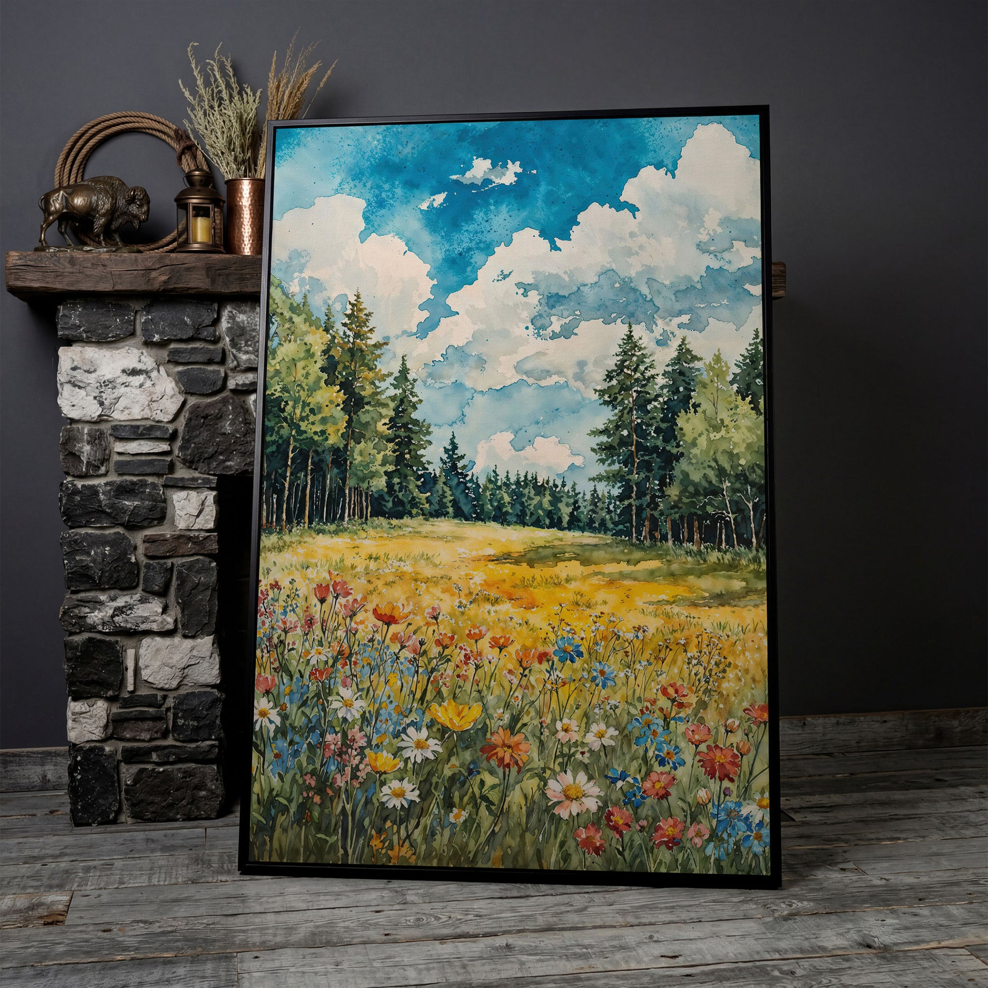Wildflower Summer Landscape Canvas Art in black floating frame