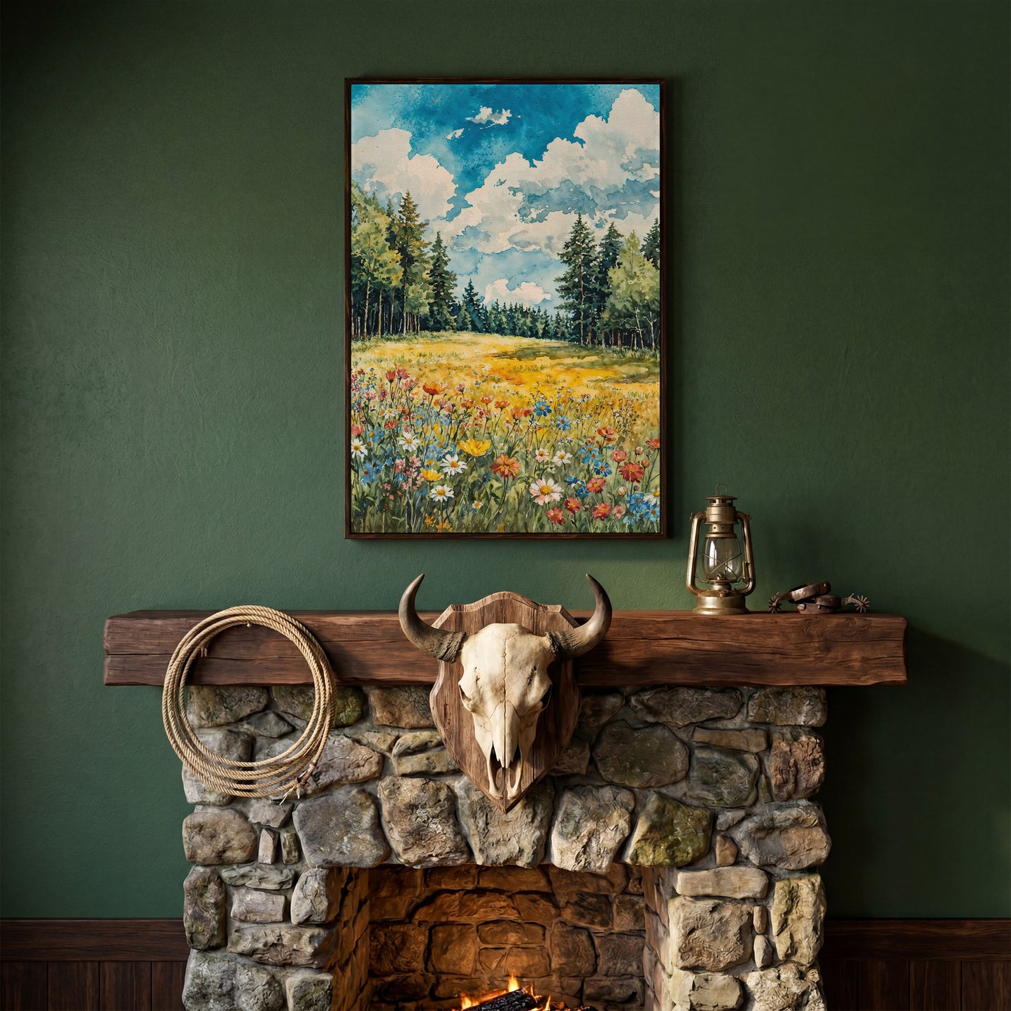 Wildflower Summer Landscape Canvas Art in dark walnut floating frame