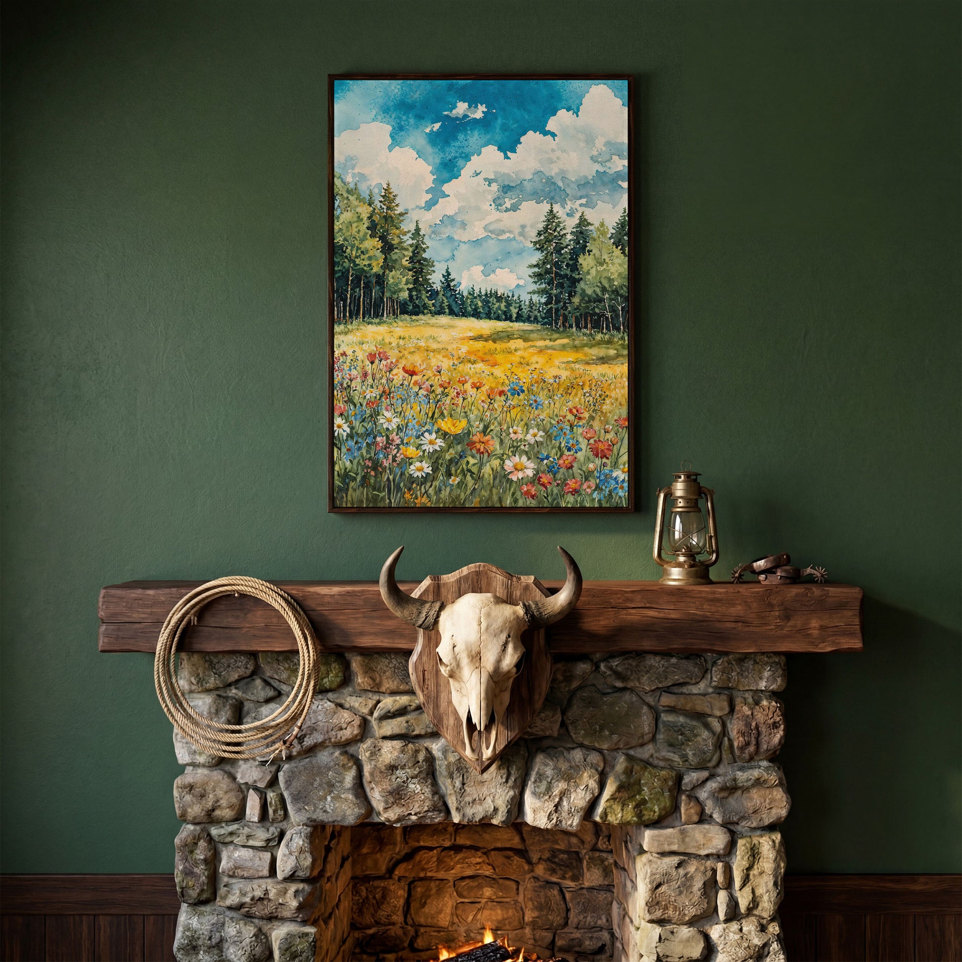 Wildflower Summer Landscape Canvas Art in dark walnut floating frame
