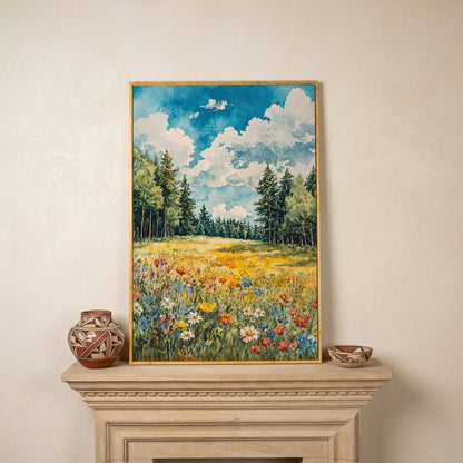 Wildflower Summer Landscape Canvas Art in white oak floating frame