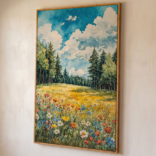 Wildflower Summer Landscape Canvas Art shown in white oak floating frame