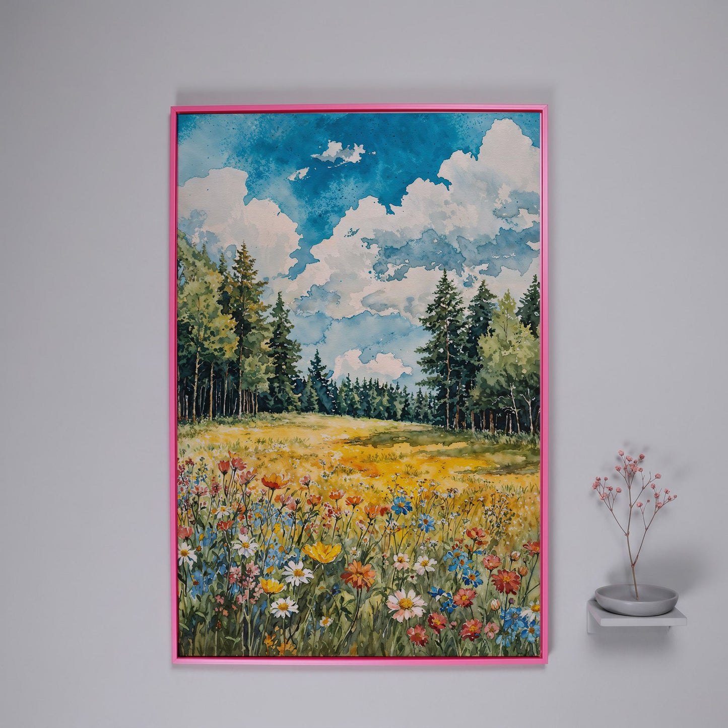 Wildflower Summer Landscape Canvas Art in pink floating frame