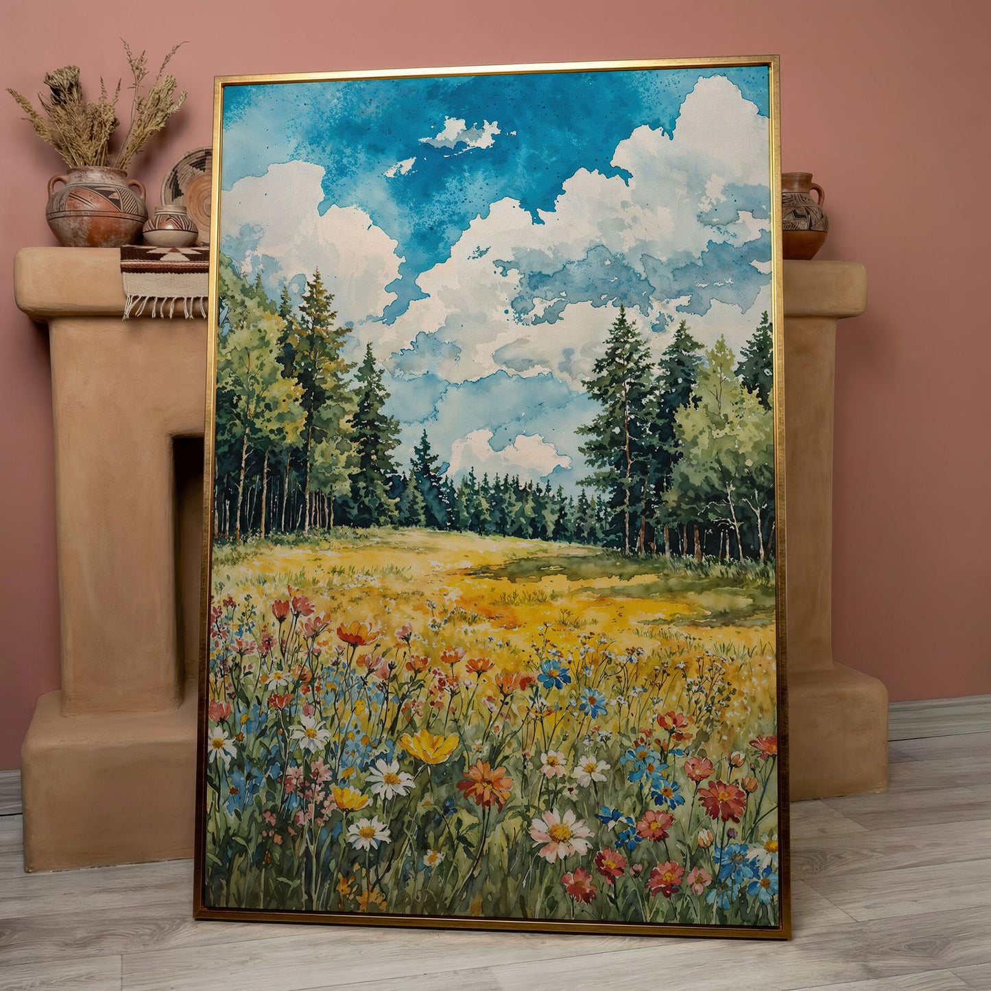 Wildflower Summer Landscape Canvas Art in rose gold floating frame