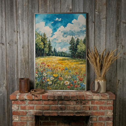 Wildflower Summer Landscape Canvas Art in silver floating frame