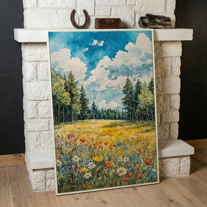 Wildflower Summer Landscape Canvas Art in white floating frame