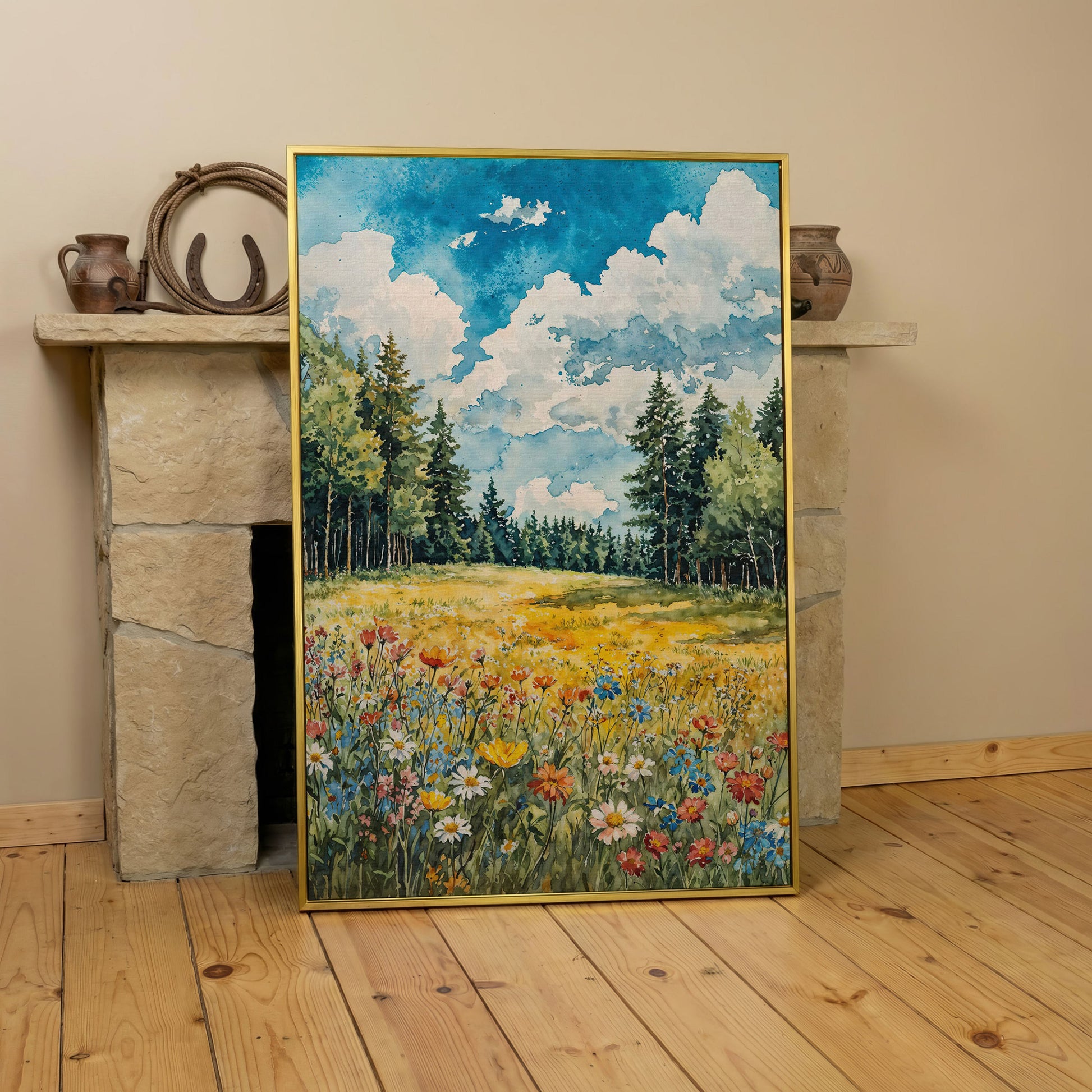 Wildflower Summer Landscape Canvas Art in yellow gold floating frame