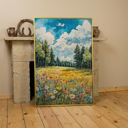 Wildflower Summer Landscape Canvas Art in yellow gold floating frame