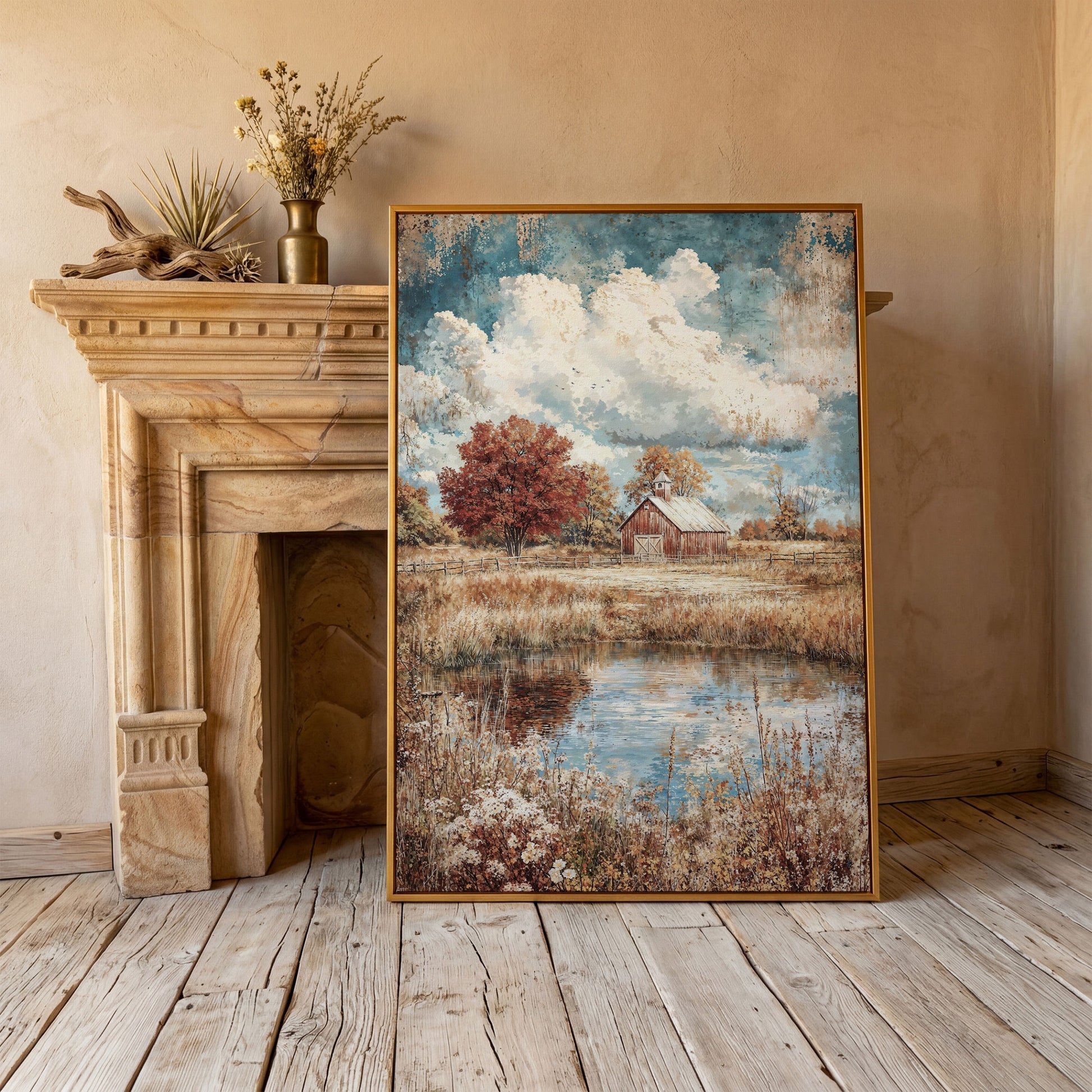 Autumn Barn with Pond Reflection Canvas in antique gold floating frame