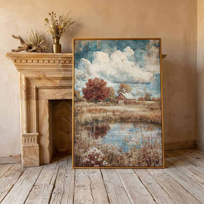 Autumn Barn with Pond Reflection Canvas in antique gold floating frame
