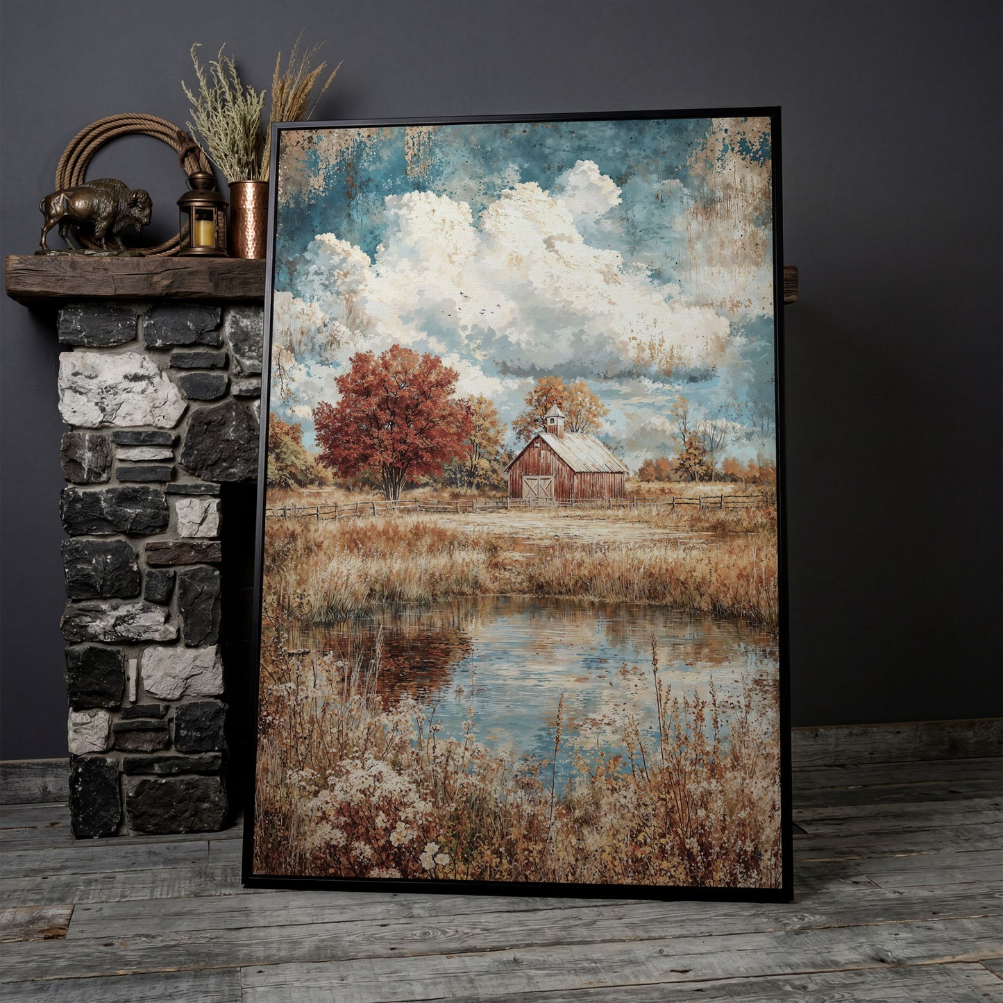 Autumn Barn with Pond Reflection Canvas in black floating frame
