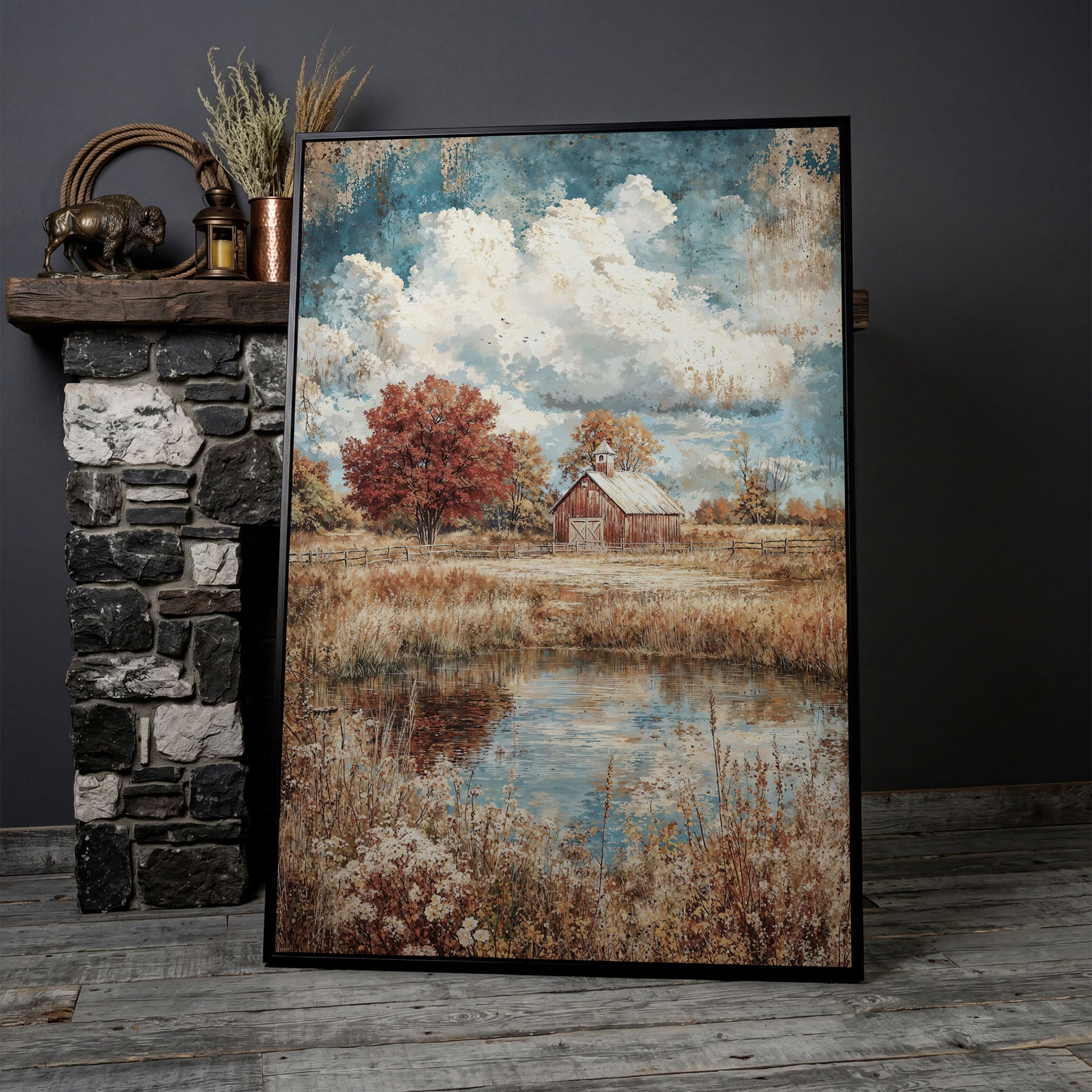 Autumn Barn with Pond Reflection Canvas in black floating frame