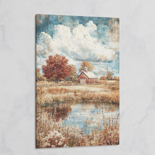 Autumn Barn with Pond Reflection Canvas on gallery wrap