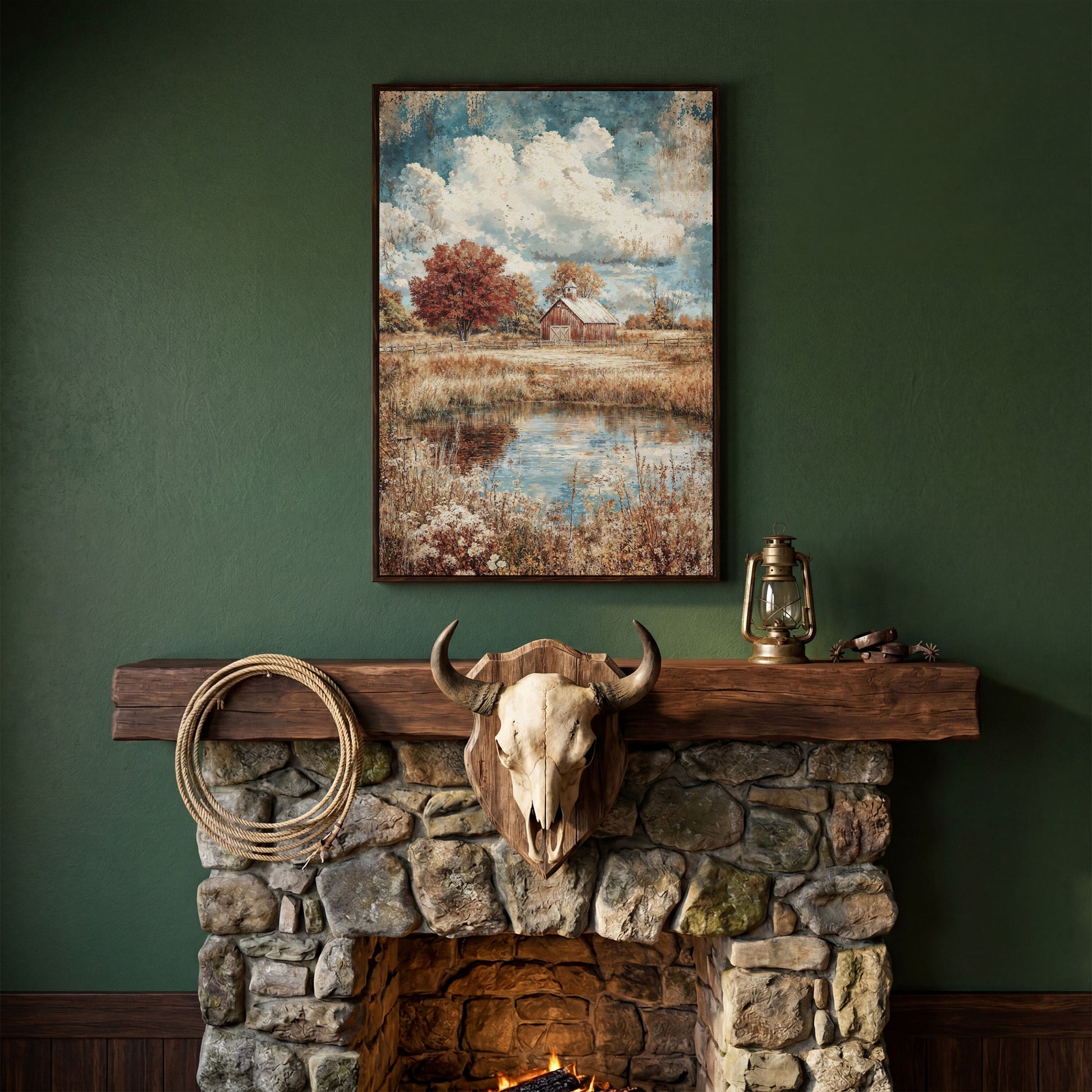 Autumn Barn with Pond Reflection Canvas in dark walnut floating frame