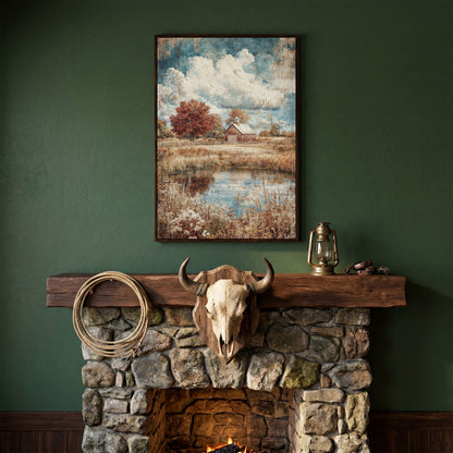 Autumn Barn with Pond Reflection Canvas in dark walnut floating frame