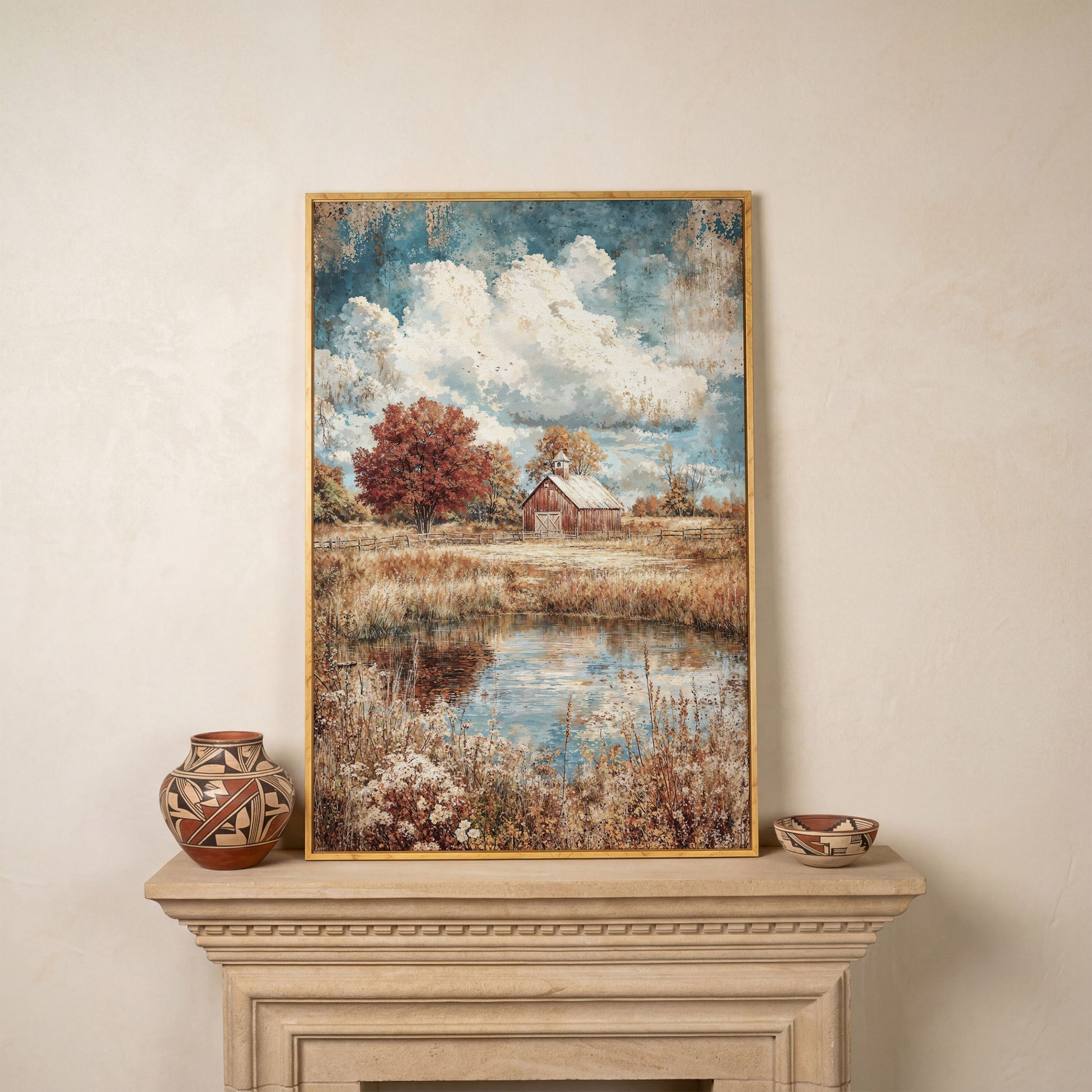 Autumn Barn with Pond Reflection Canvas in white oak floating frame