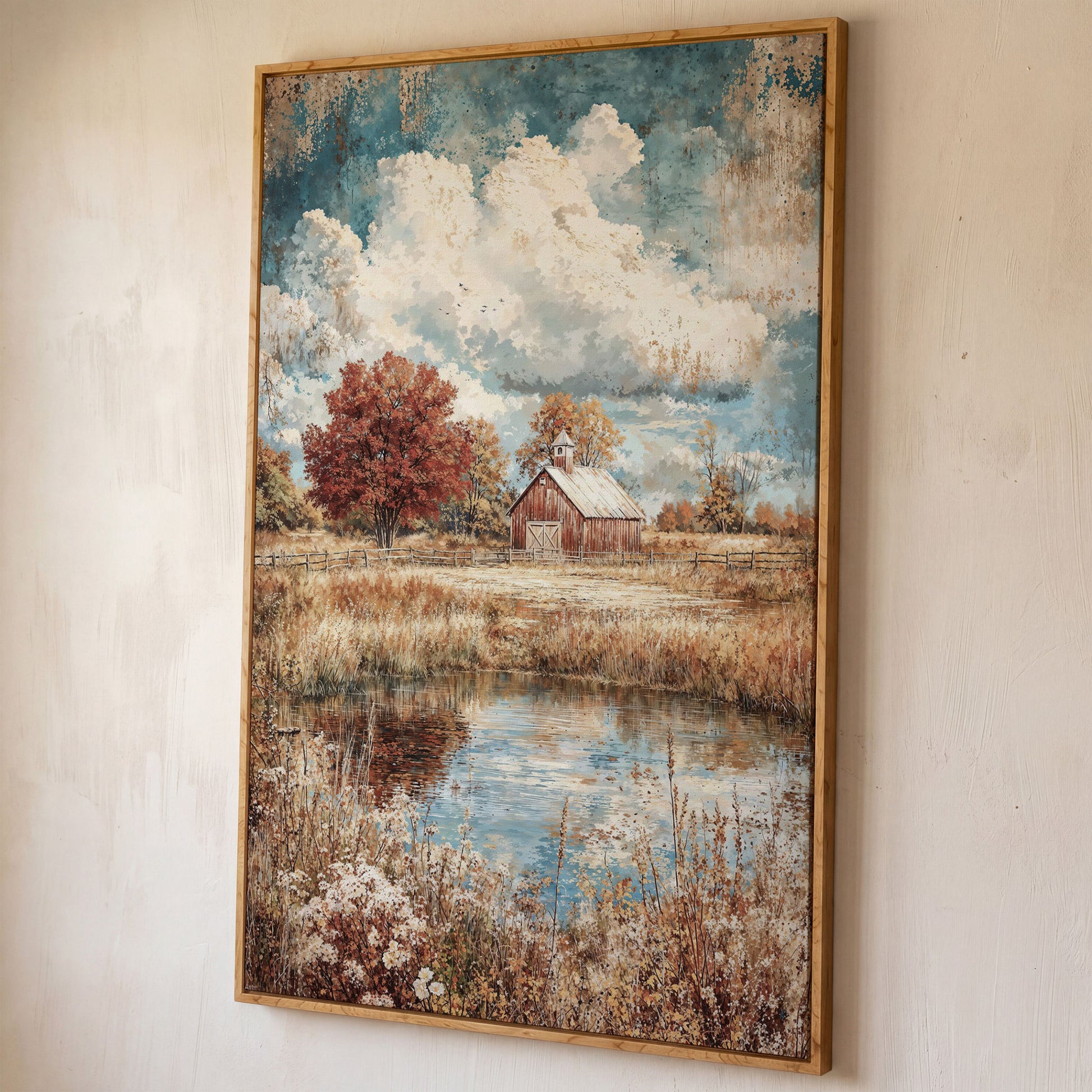 Autumn Barn with Pond Reflection Canvas shown in white oak floating frame