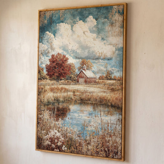Autumn Barn with Pond Reflection Canvas shown in white oak floating frame