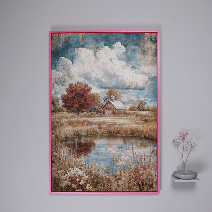 Autumn Barn with Pond Reflection Canvas in pink floating frame
