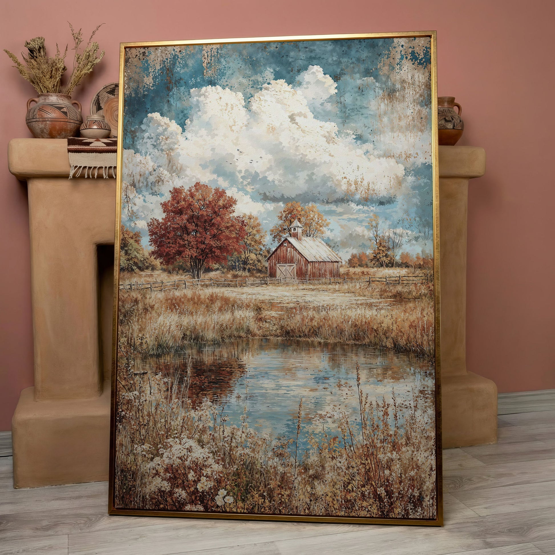 Autumn Barn with Pond Reflection Canvas in rose gold floating frame