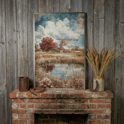 Autumn Barn with Pond Reflection Canvas in silver floating frame