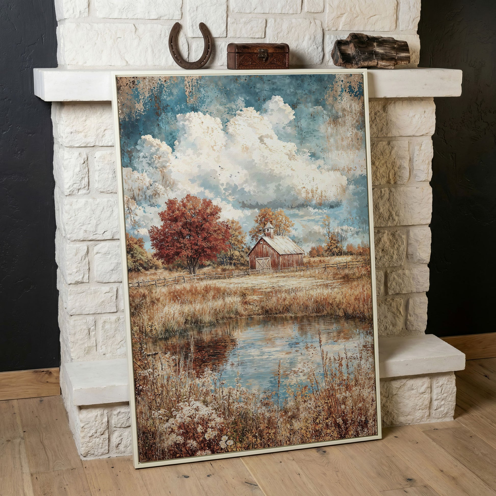 Autumn Barn with Pond Reflection Canvas in white floating frame