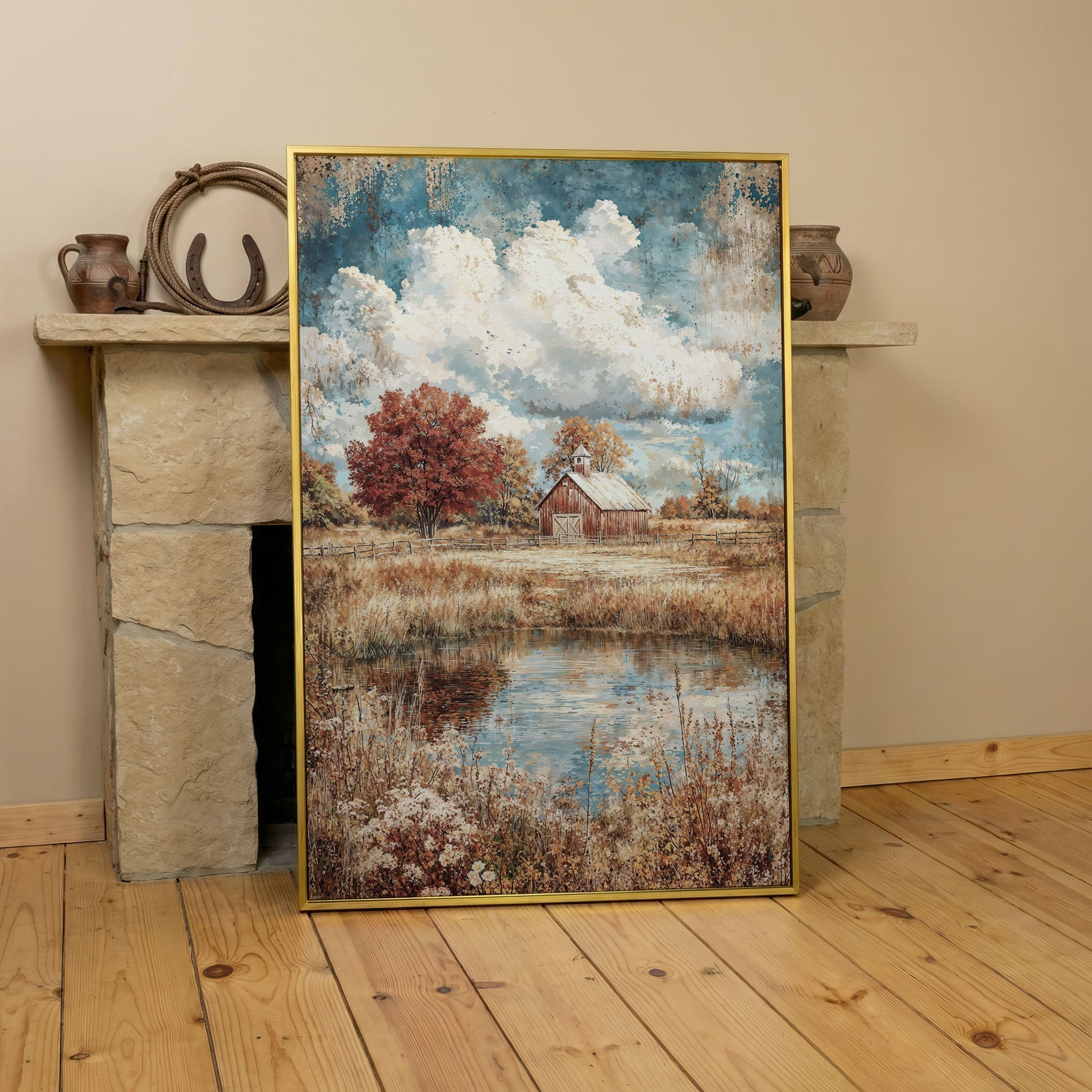 Autumn Barn with Pond Reflection Canvas in yellow gold floating frame