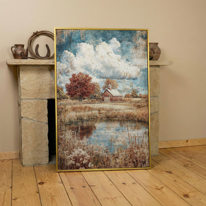 Autumn Barn with Pond Reflection Canvas in yellow gold floating frame