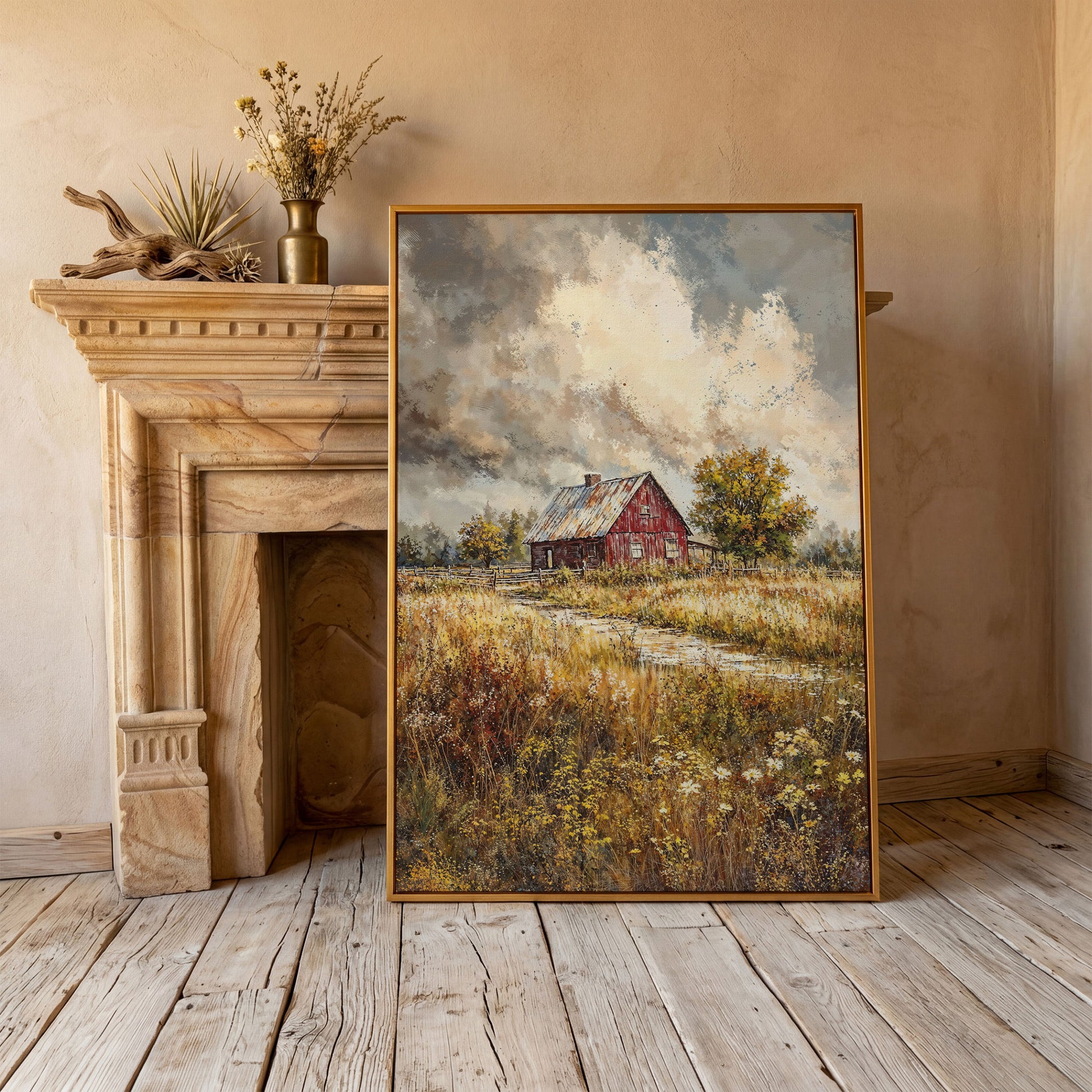 Red Barn in Autumn Fields Canvas Print in antique gold floating frame