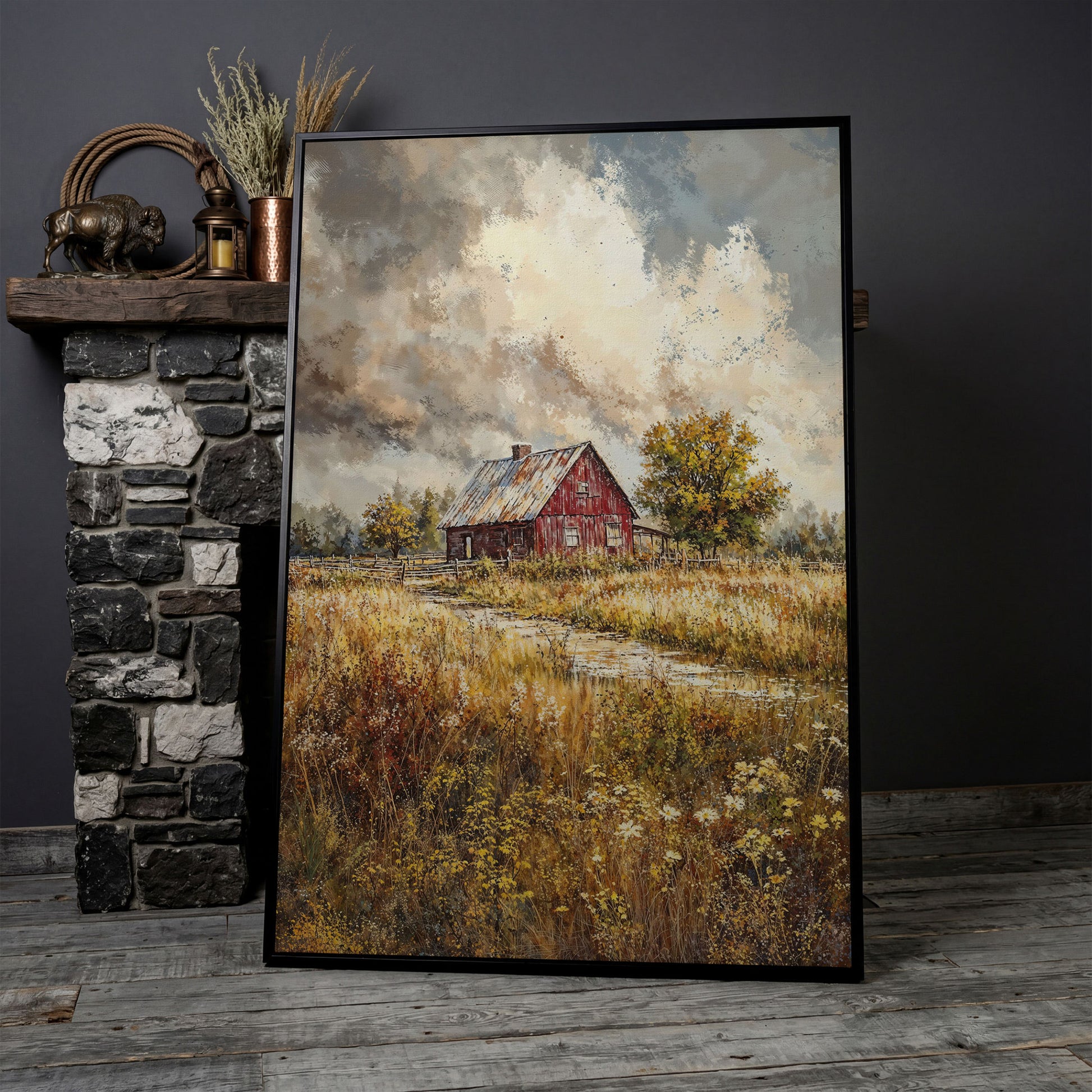 Red Barn in Autumn Fields Canvas Print in black floating frame