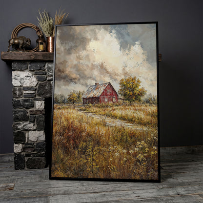 Red Barn in Autumn Fields Canvas Print in black floating frame
