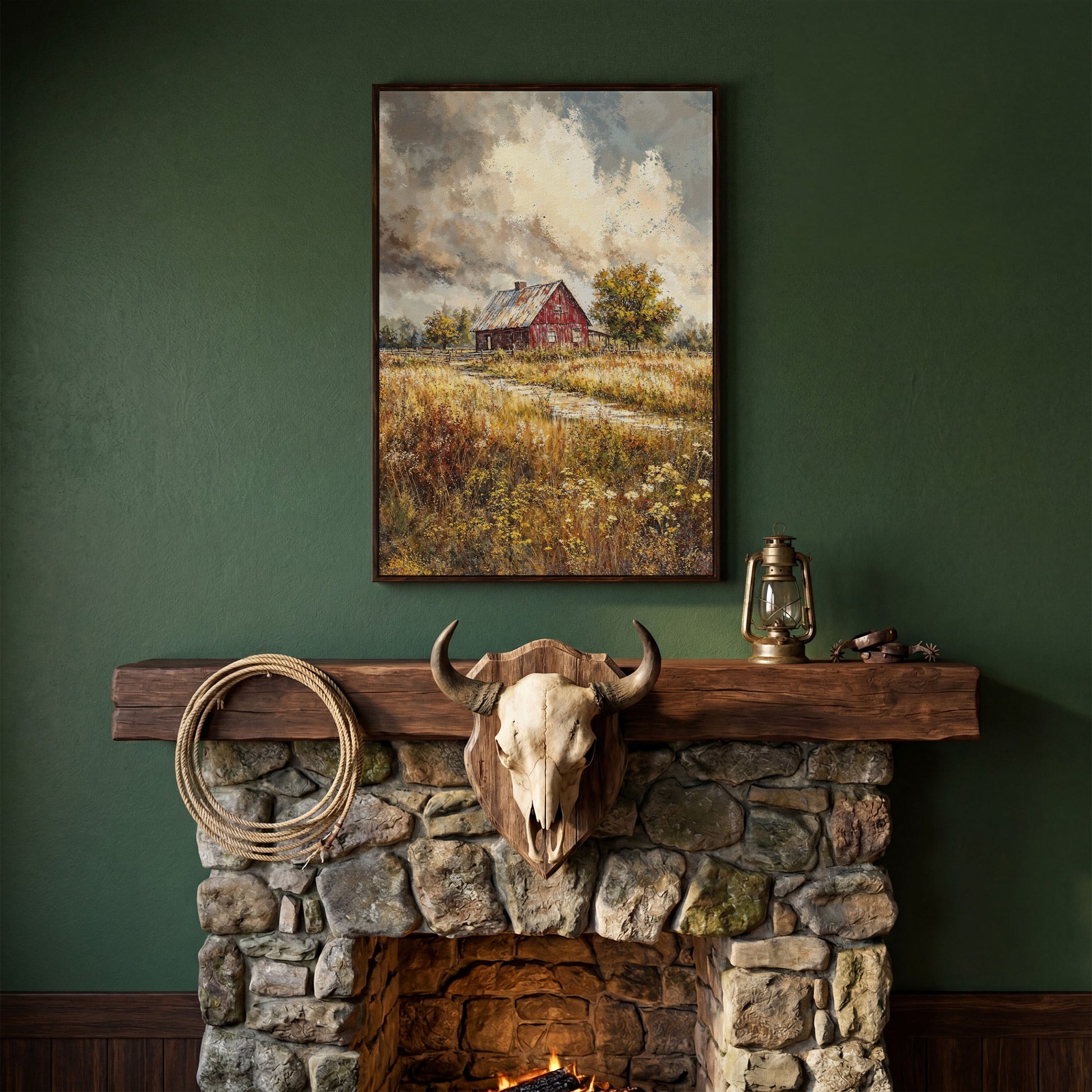 Red Barn in Autumn Fields Canvas Print in dark walnut floating frame