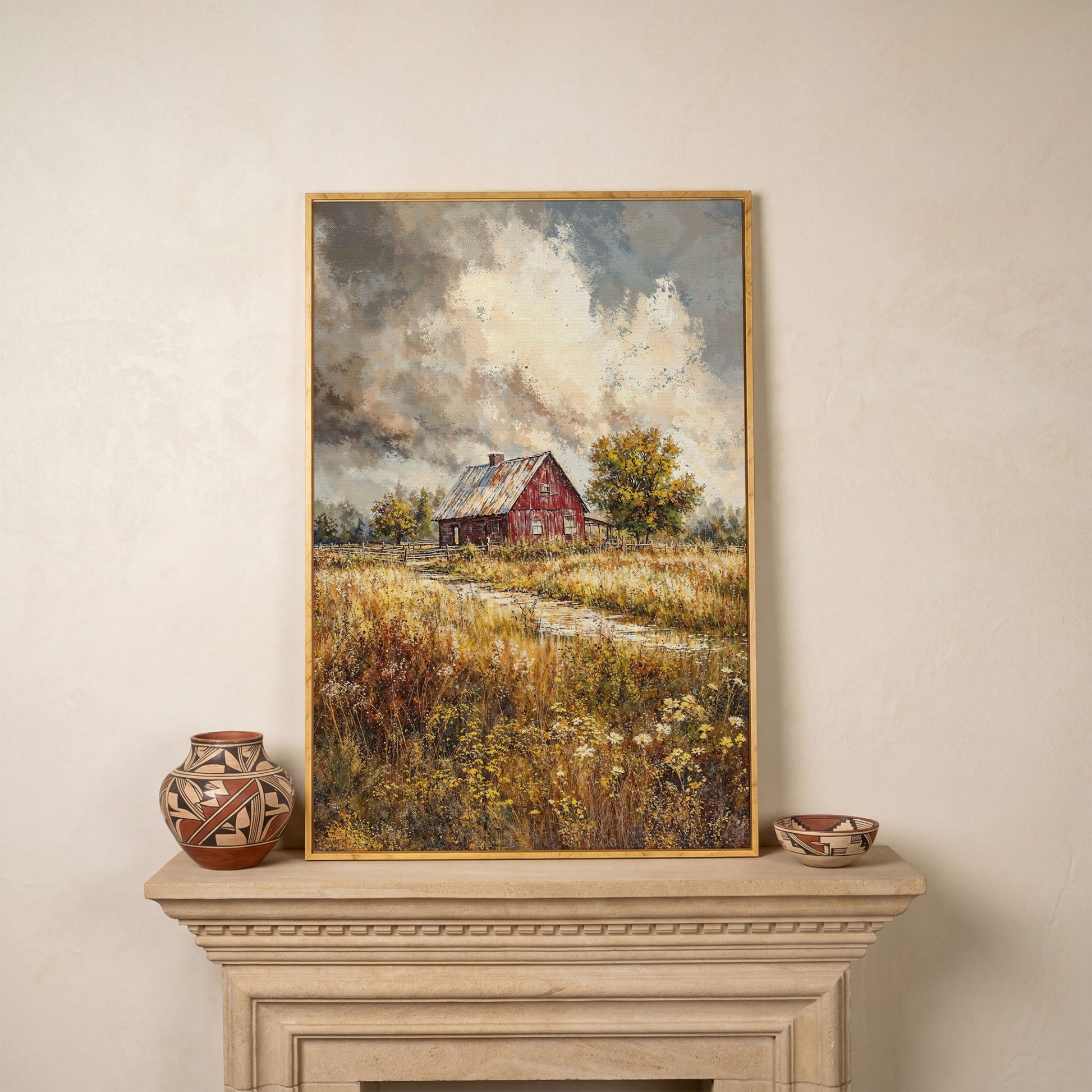 Red Barn in Autumn Fields Canvas Print in white oak floating frame