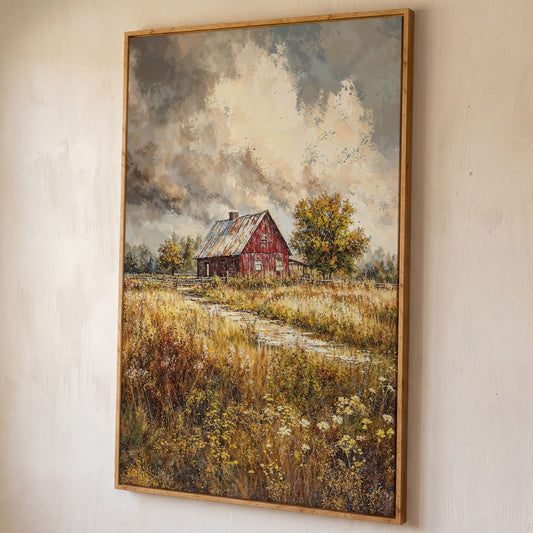 Red Barn in Autumn Fields Canvas Print shown in white oak floating frame
