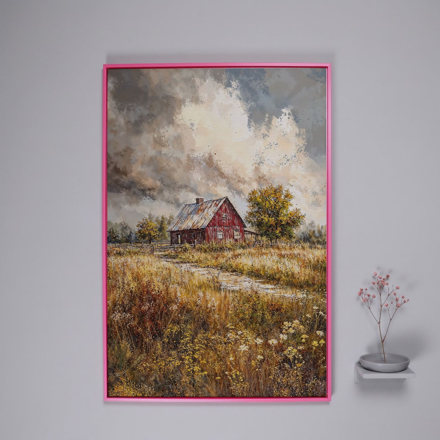 Red Barn in Autumn Fields Canvas Print in pink floating frame