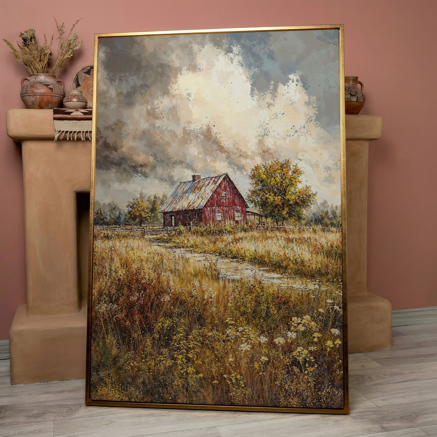 Red Barn in Autumn Fields Canvas Print in rose gold floating frame