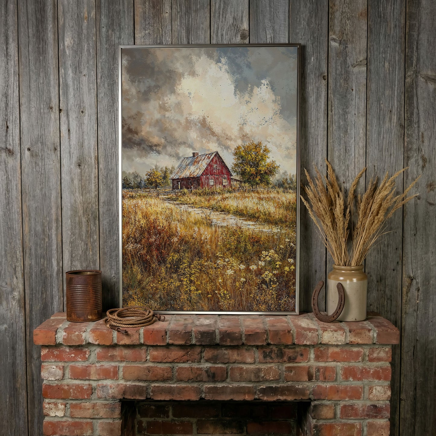 Red Barn in Autumn Fields Canvas Print in silver floating frame