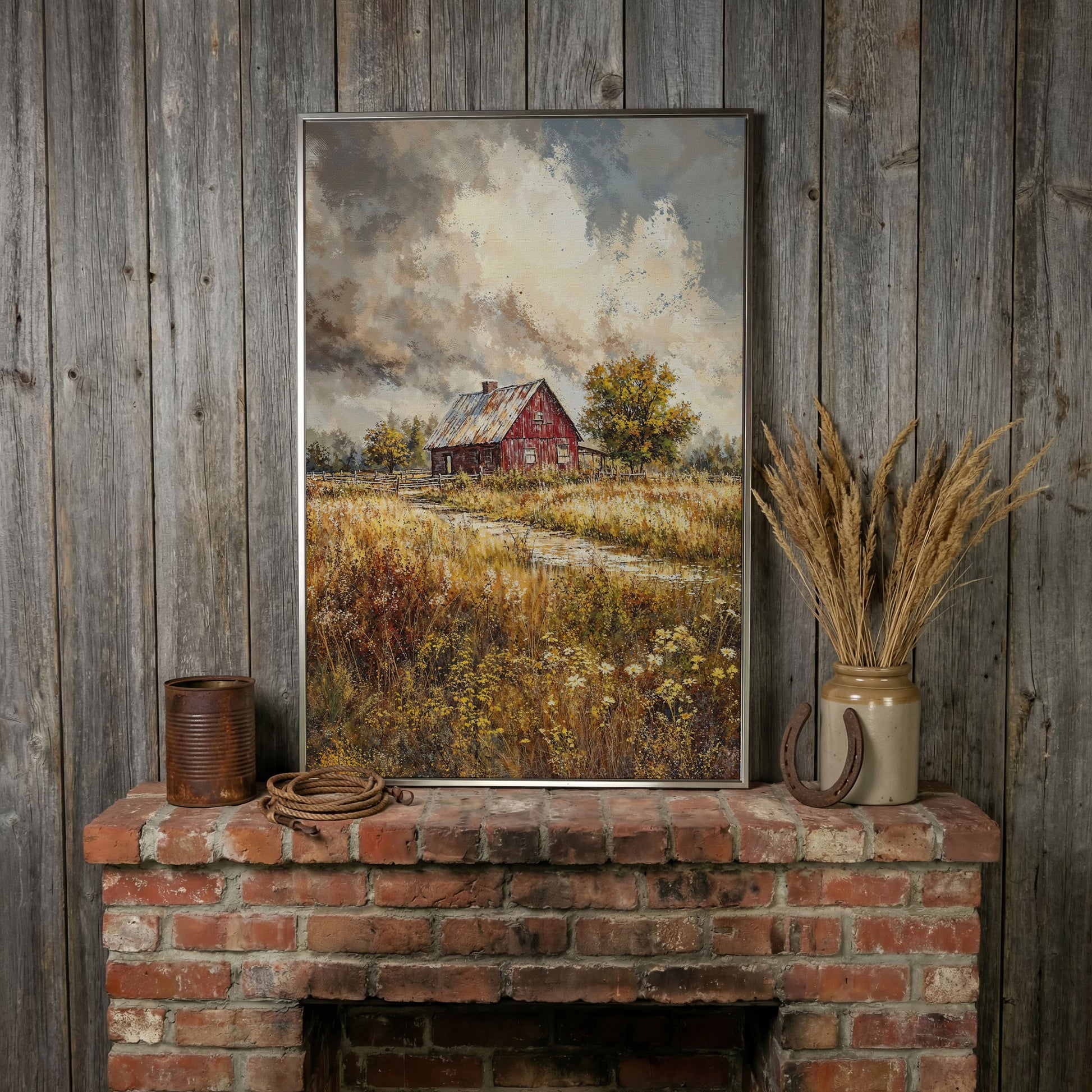 Red Barn in Autumn Fields Canvas Print in silver floating frame