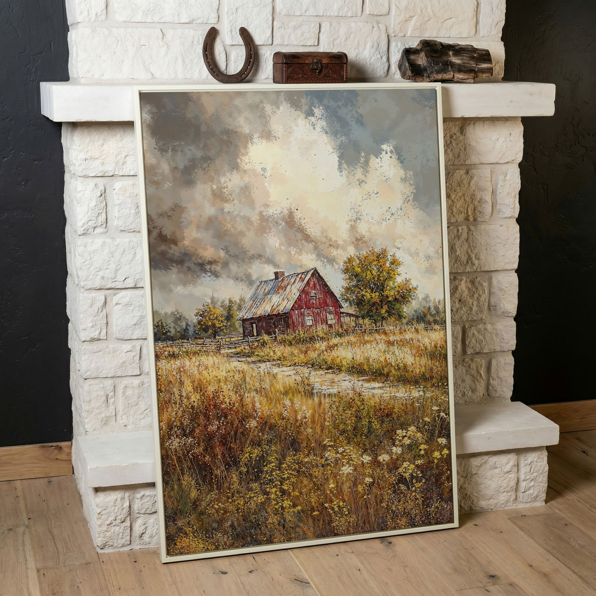 Red Barn in Autumn Fields Canvas Print in white floating frame