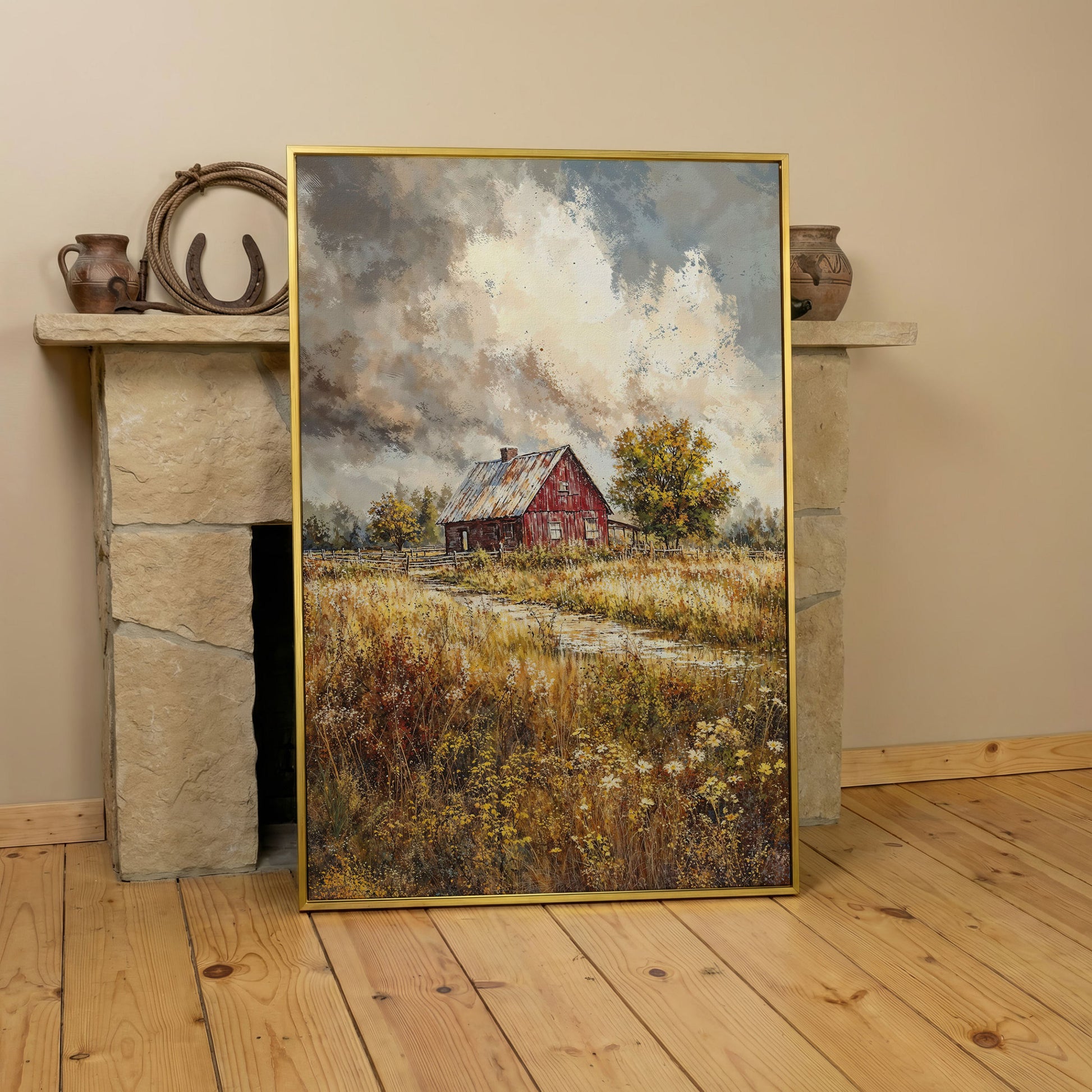 Red Barn in Autumn Fields Canvas Print in yellow gold floating frame