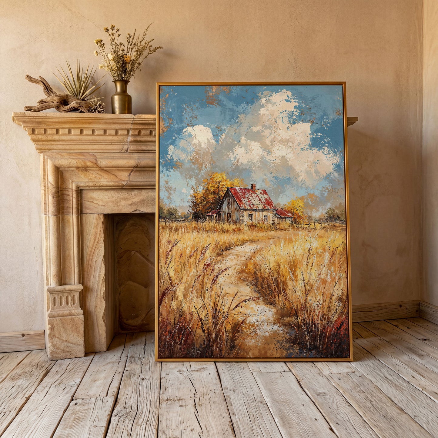 Golden Autumn Countryside Barn Canvas in antique gold floating frame