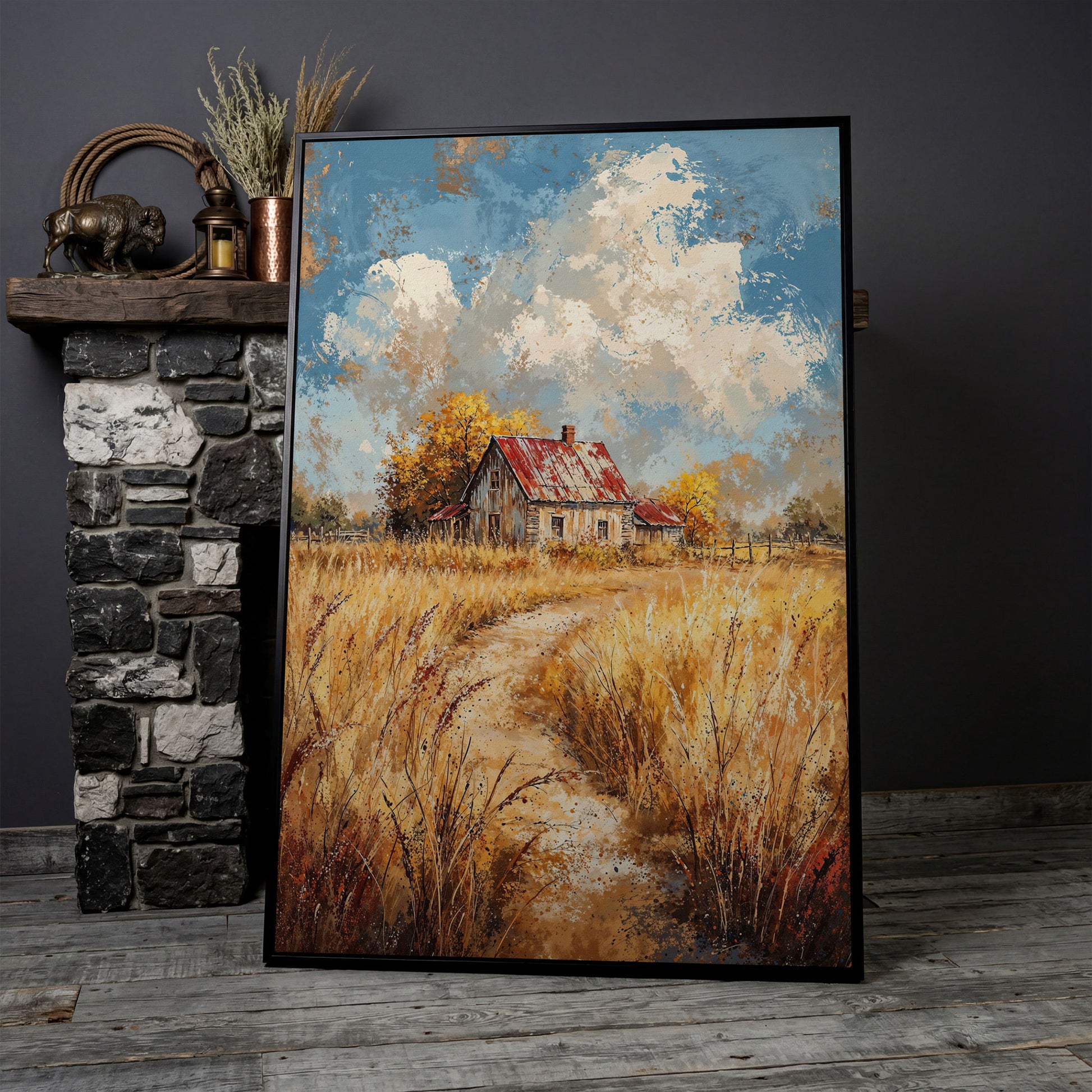 Golden Autumn Countryside Barn Canvas in black floating frame