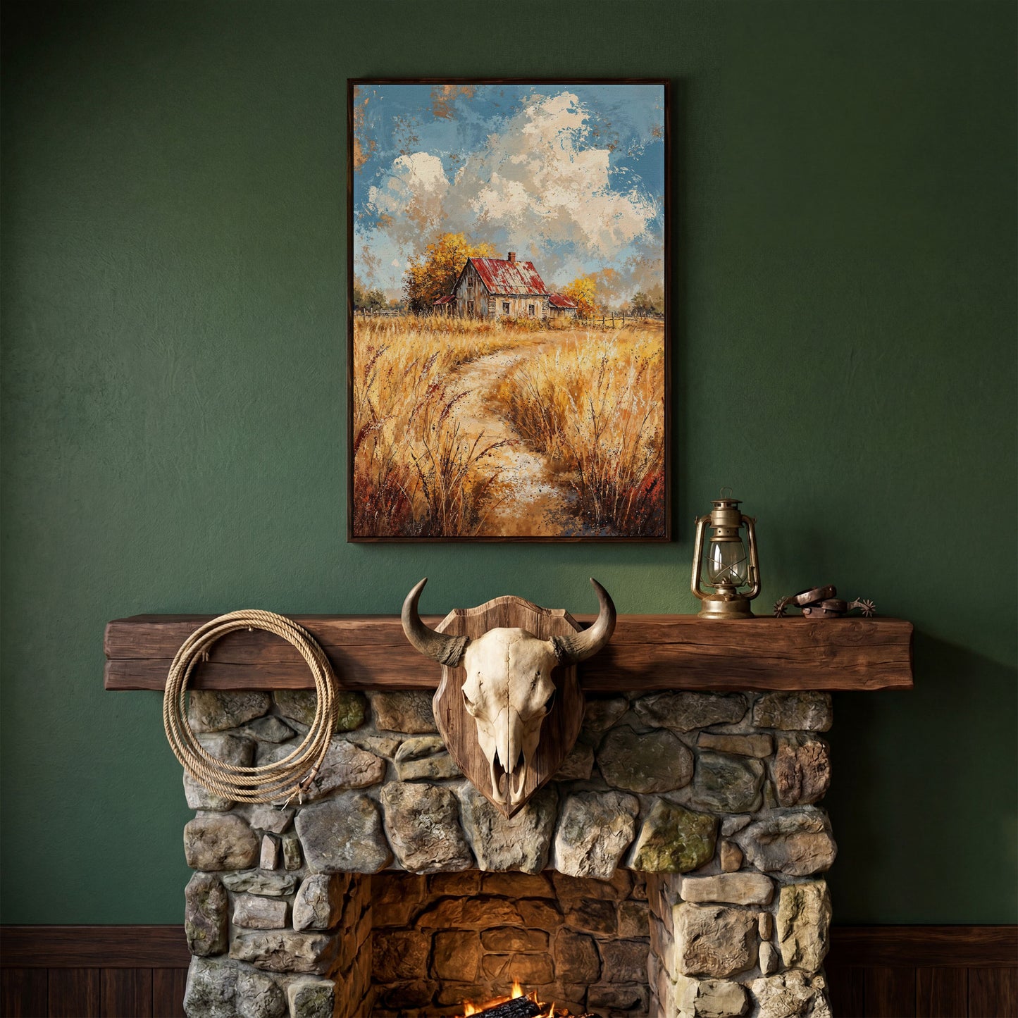 Golden Autumn Countryside Barn Canvas in dark walnut floating frame