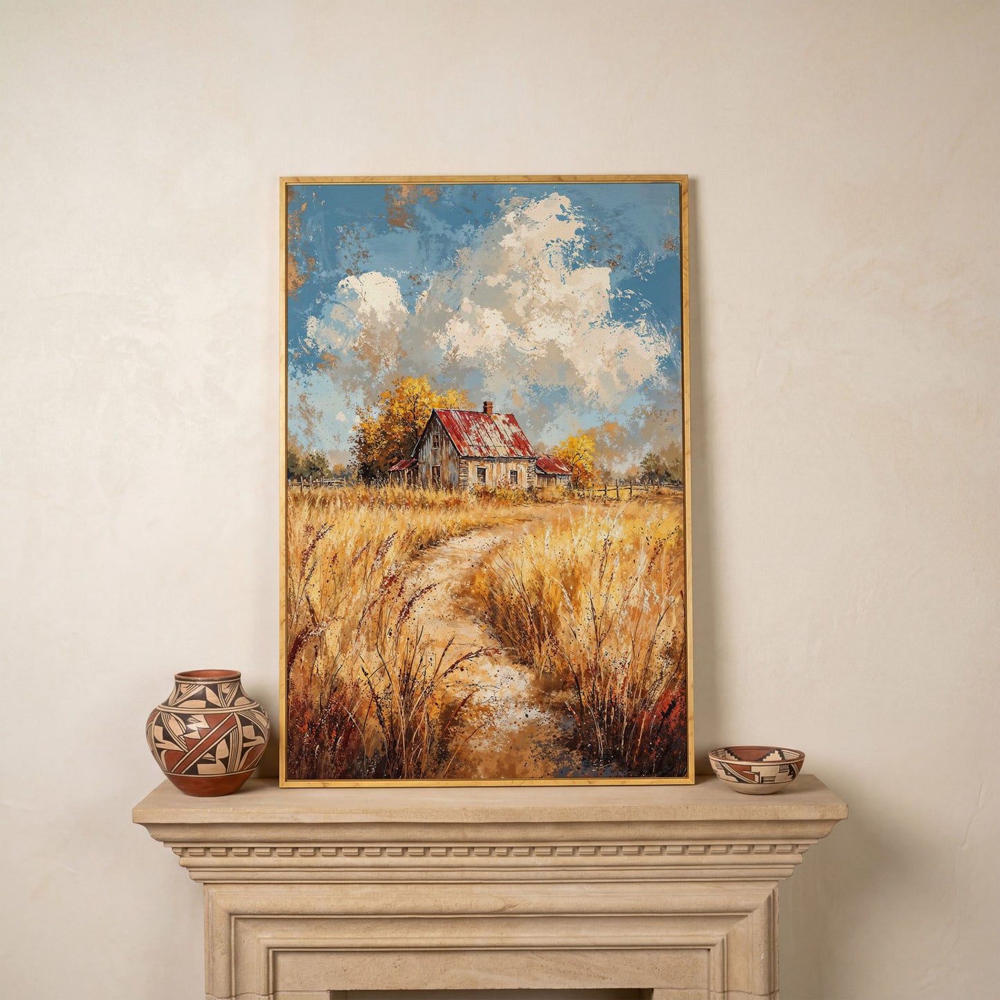 Golden Autumn Countryside Barn Canvas in white oak floating frame