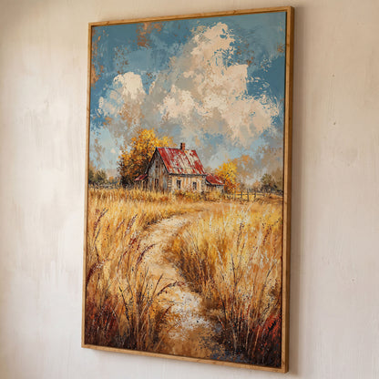 Golden Autumn Countryside Barn Canvas shown in white oak floating frame