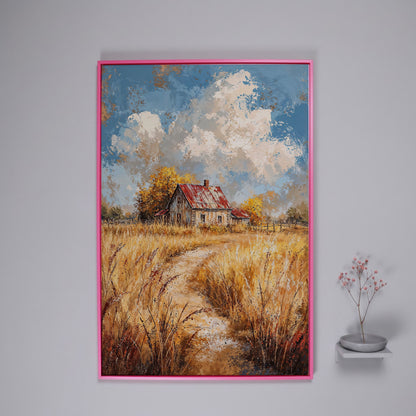 Golden Autumn Countryside Barn Canvas in pink floating frame
