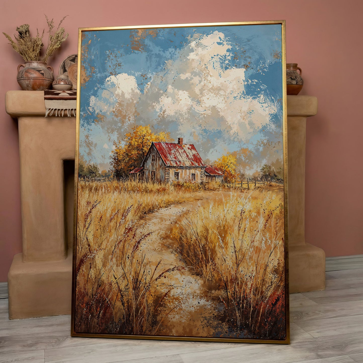 Golden Autumn Countryside Barn Canvas in rose gold floating frame