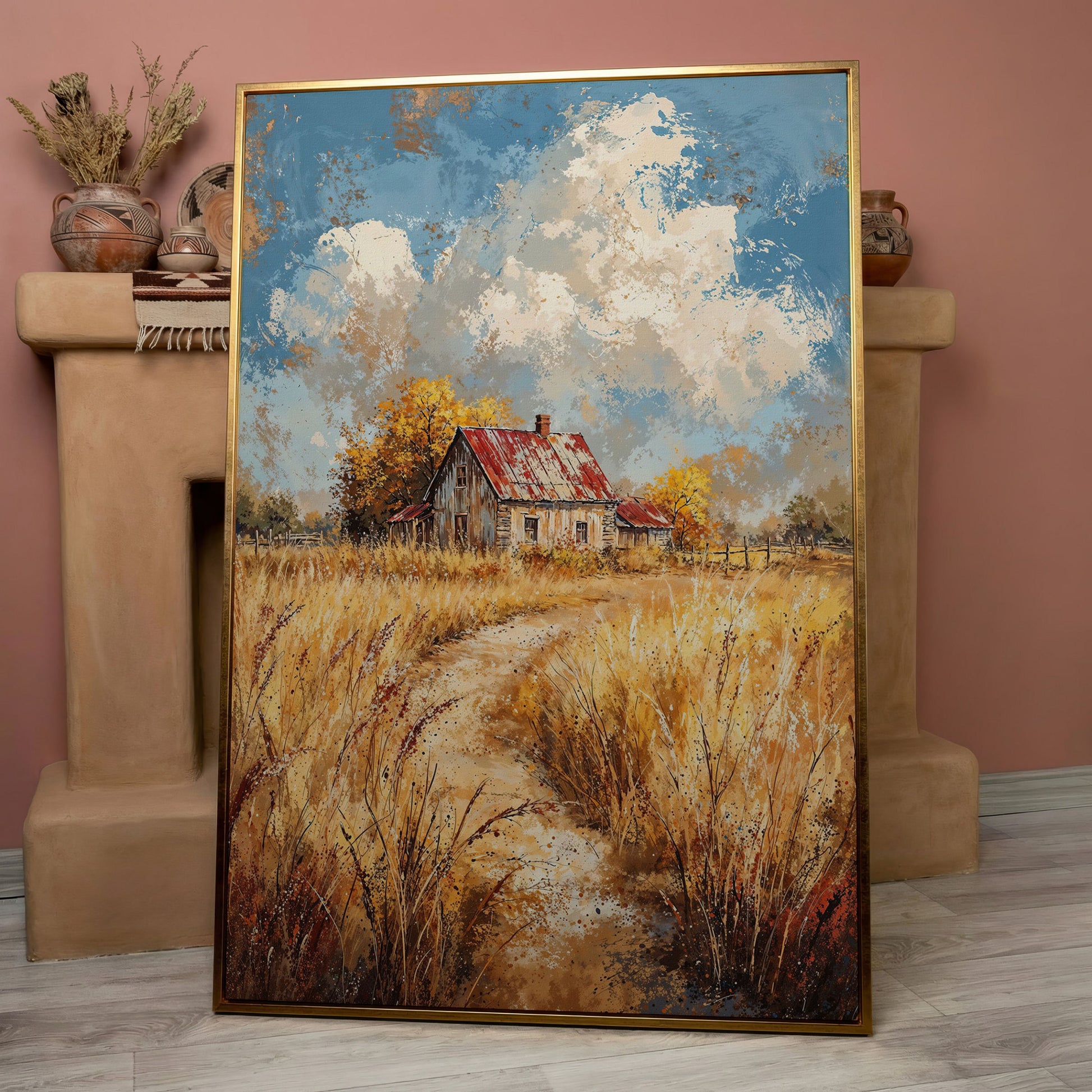 Golden Autumn Countryside Barn Canvas in rose gold floating frame