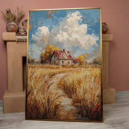 Golden Autumn Countryside Barn Canvas in rose gold floating frame