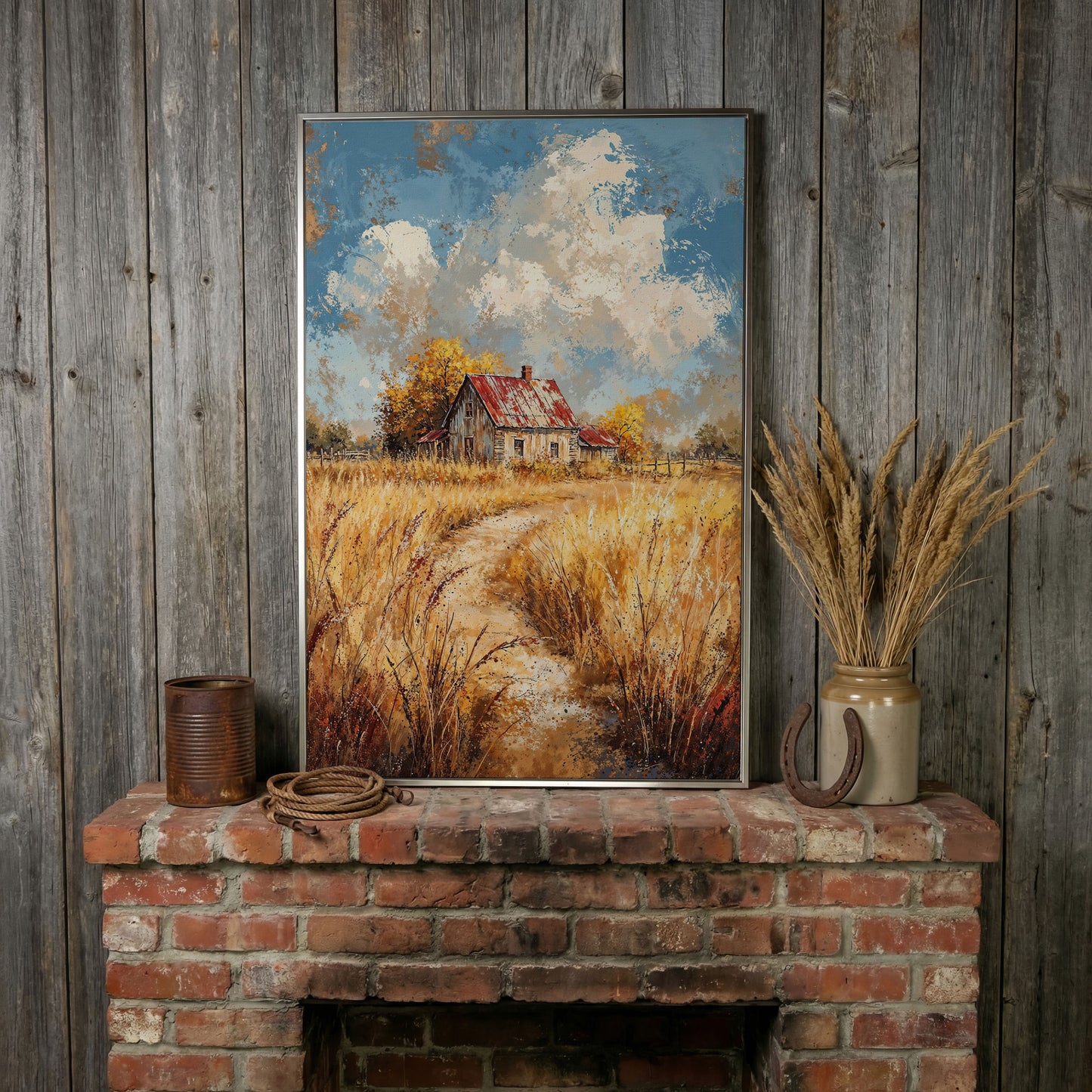Golden Autumn Countryside Barn Canvas in silver floating frame