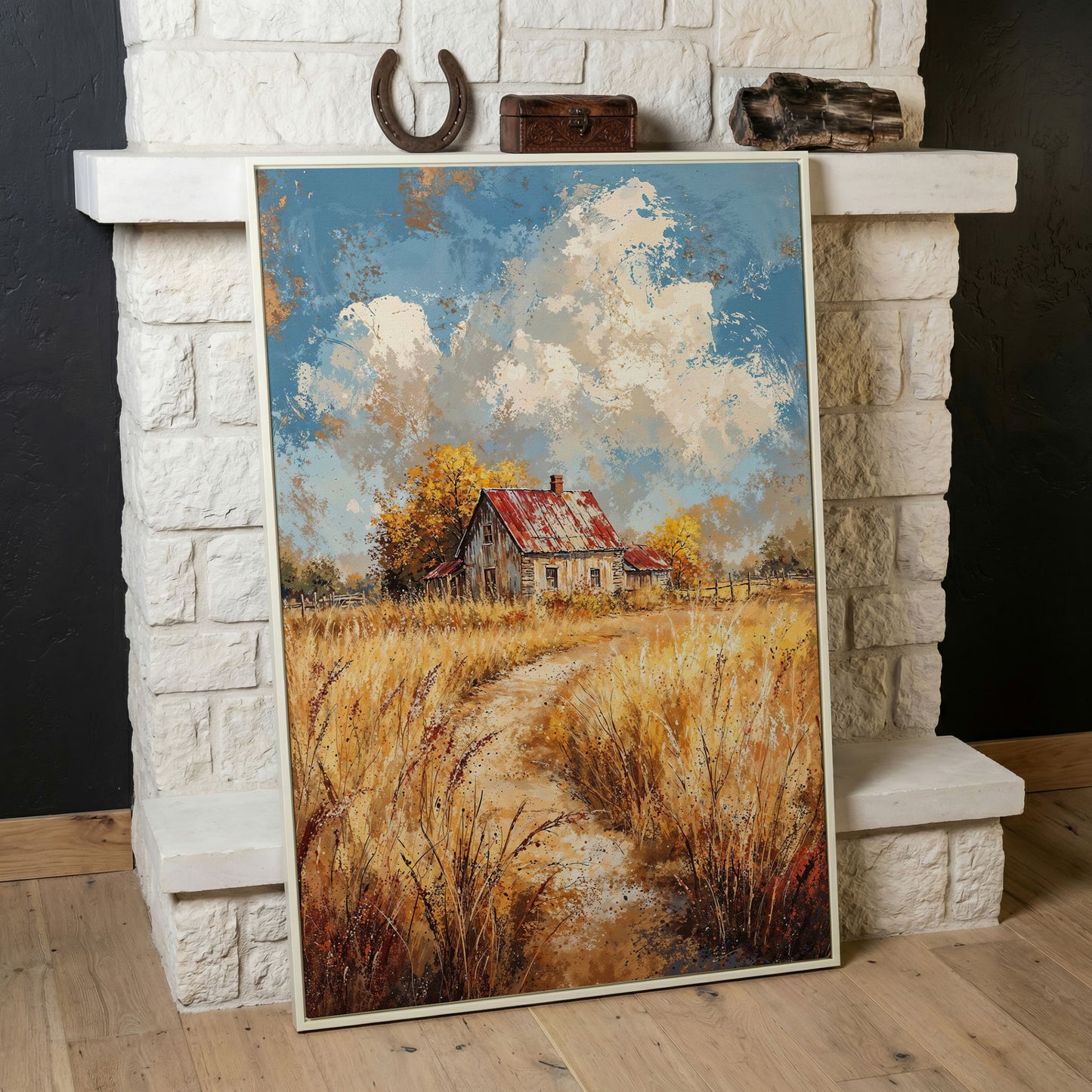 Golden Autumn Countryside Barn Canvas in white floating frame